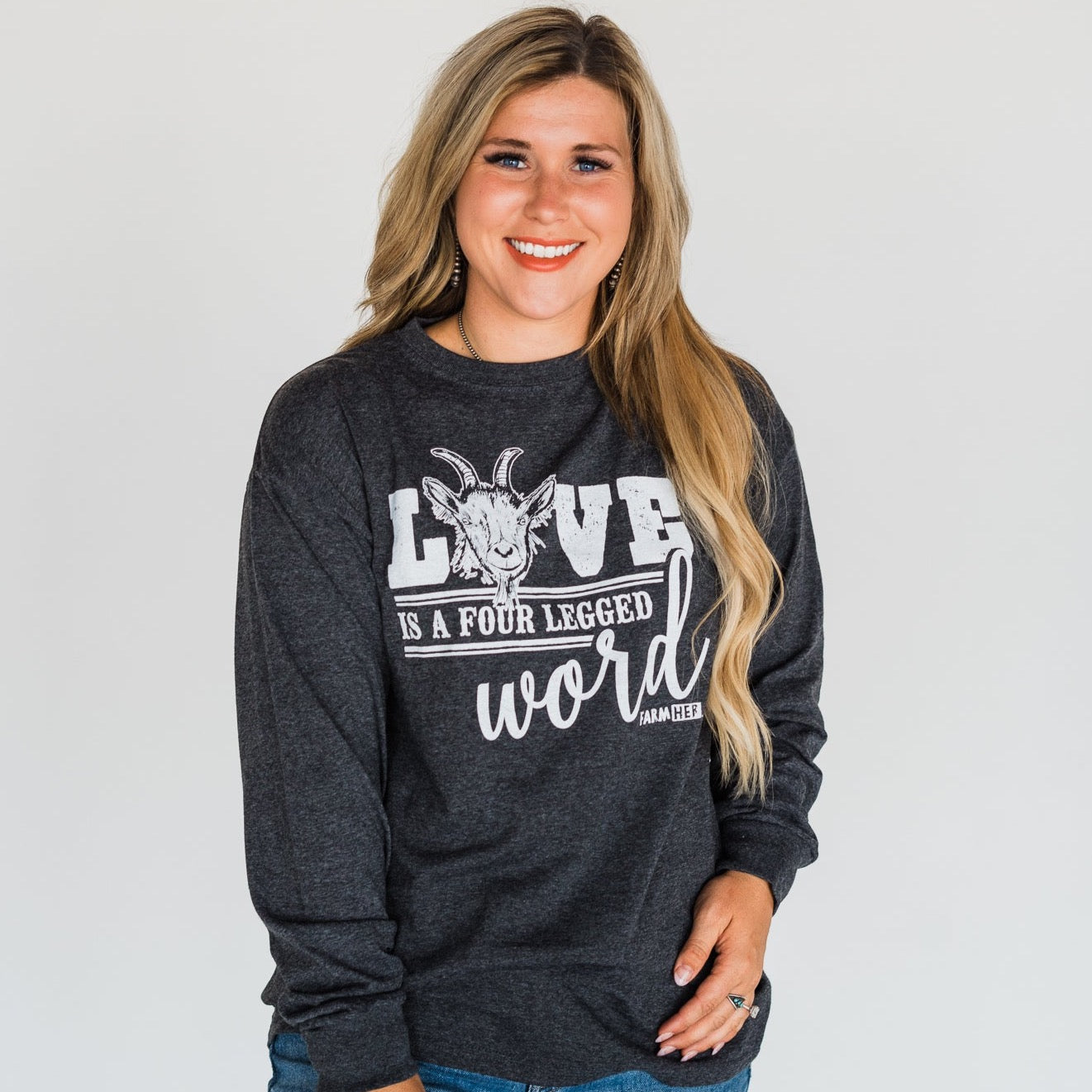 "Goat Love is a Four Letter Word" FarmHer Long Sleeve Graphic Tee