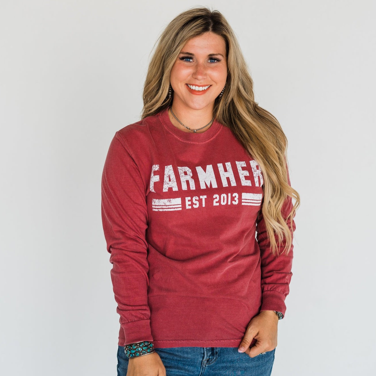 "Est 2013" Classic FarmHer Brick Red Long Sleeve Graphic Tee